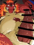 animal_genitalia anthro back_wings belly belly_squish big_dom_small_sub blood blush blush_lines bodily_fluids dominant dripping duo erection extreme_size_difference facial_horn fire flaming_hair flaming_mane genital_fluids genital_slit genitals hand_behind_head horn ineffective_censorship larger_male lying lying_on_another male male/male moobs muscular muscular_anthro muscular_male nose_horn nosebleed on_back on_front open_mouth open_smile overweight overweight_anthro overweight_male pecs precum precum_drip pseudo_hair pseudo_mane sharp_teeth size_difference slit_penis smaller_male smile squish teeth text tongue tongue_out tusks wide_eyed wings iwbsb_kuma mythology dong_mountain_(character) dragon kobold mythological_creature mythological_scalie scalie 2024 absurd_res censored hi_res japanese_description japanese_text