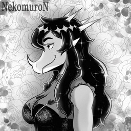 anthro big_breasts black_clothing black_topwear breasts clothed clothed_anthro clothed_female clothing facial_horn female floral_print hair horn long_hair looking_forward narrowed_eyes pattern_background side_view simple_background smile solo text topwear translucent translucent_clothing translucent_topwear nekomuro cavemanon_studios goodbye_volcano_high ko_op_(game_developer) snoot_game rosa_(gvh) aquilops ceratopsian dinosaur marginocephalian ornithischian prehistoric_species reptile scalie 1:1 artist_name greyscale half-length_portrait hi_res monochrome portrait watermark