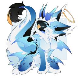 3_fingers 3_horns 3_toes anthro arm_tuft big_breasts big_tail blep blue_body blue_eyes blue_fur breasts casual_nudity cheek_tuft ear_tuft facial_tuft featureless_breasts feet female fingers fluffy fluffy_chest fluffy_tail fur fuzzy genitals halo head_tuft heart_symbol horn kneeling leg_tuft long_tail machine membrane_(anatomy) membranous_wings multi_ear multi_horn multi_wing neck_tuft nude on_ground raised_tail shoulder_tuft simple_background smile solo tail tail_tuft tasteful_nudity thick_tail toes tongue tongue_out tuft underbelly vulva white_background wings aflictedpaw armorless_protogen hybrid mammal protogen 1:1 hi_res