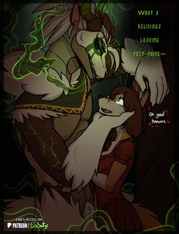 anthro biped breasts claws clothed clothed_anthro clothed_female clothed_male clothing duo female fingers fur hair horn male smile standing tail teeth text tongue spiritelin elin_(psychorodent) canid canine fox mammal snatyr 2026 digital_drawing_(artwork) digital_media_(artwork) english_text hi_res