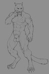 abs animal_genitalia anthro balls fur genitals looking_aside male muscular muscular_male nipples nude pecs scar sheath solo standing suchmim microsoft the_elder_scrolls felid khajiit mammal hi_res monochrome sketch