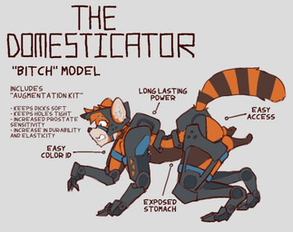 anthro bdsm bdsm_gear bitchsuit bondage bondage_gear bound chicken-wing_tied clenched_teeth contraption_concept domesticator_suit erectile_dysfunction feral_replacement_limb feralsuit frogtied legs_tied male profanity questionable_consent raised_tail solo submissive submissive_anthro submissive_male tail teeth text akiradrawslewds ailurid mammal red_panda english_text model_sheet