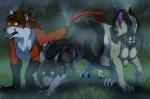 blue_eyes breasts female feral fog grassland group male pack scar lilythekitsune mythology theyellowcoat rakan riley_(theyellowcoat) spelv_brylee steviemaxwell canid canine mammal mythological_canine mythological_creature werecanid werecanine werecreature werefox werewolf 2017 digital_media_(artwork) hi_res smaller_version_at_source