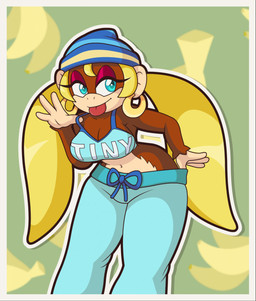 alternative_fashion amekaji anthro banana big_breasts blonde_hair blue_eyes bottomwear bottomwear_pull breasts cleavage clothed clothing clothing_pull ear_piercing ear_ring female food fruit fur ganguro_(fashion) gyaru hair hat headgear headwear hoop_ear_ring j-fashion long_hair midriff pants pants_pull piercing plant ring_piercing shirt shirt_pull smile solo standing thick_thighs tongue tongue_out topwear topwear_pull undressing wide_hips y2k_(fashion) thisnameistaken donkey_kong_(series) nintendo tiny_kong haplorhine kong mammal monkey primate hi_res