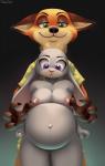 2019 anthro areola belly big_belly breasts canid canine clothed clothing digital_media_(artwork) disney don_ko duo female fox front_view green_eyes hi_res judy_hopps lagomorph leporid looking_at_self looking_down male mammal navel nick_wilde nipples outie outie_navel pregnant purple_eyes rabbit red_fox signature smile true_fox zootopia
