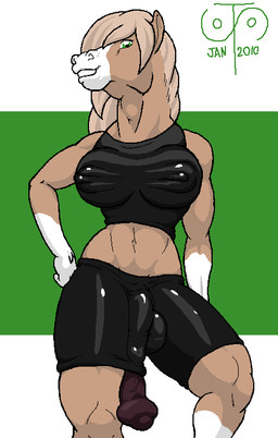animal_genitalia animal_penis anthro breasts bulge detailed_bulge equine_genitalia equine_penis genital_outline genitals gynomorph half-erect intersex latex penis penis_outline solo freckles_(artist) anise_(freckles) equid equine horse mammal pony 2010 aliasing binary_drawing digital_drawing_(artwork) digital_media_(artwork)