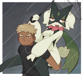 anthro bodily_fluids breasts carrying_another clothing cute_fangs duo eyelashes fangs featureless_breasts female female_anthro flower_(anatomy) fur green_body green_fur green_tail male mask medium_breasts open_mouth open_smile pink_eyes pink_nose raining shirt smile sweat sweatdrop tail teeth topwear umbrella svkhaiminh nintendo pokemon generation_9_pokemon human mammal meowscarada pokemon_(species) 2026 alternate_version_at_source hi_res