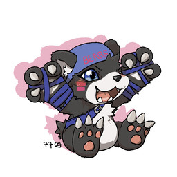 ambiguous_gender anthro backwards_baseball_cap backwards_hat baseball_cap blue_eyes brown_body brown_fur chibi claws clothing facial_markings fur hat head_markings headgear headwear markings one_eye_closed pawpads simple_background sitting solo wink 9999_td bandai_namco digimon bear bearmon digimon_(species) mammal 1:1