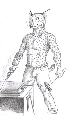 5_fingers amputee anthro anvil belt belt_buckle blacksmith bottomwear buckle clothing disability ear_piercing ear_tuft fingers fur hammer holding_hammer holding_object holding_tool hot_metal jewelry looking_aside male markings motion_lines muscular muscular_anthro muscular_male necklace notched_ear pants piercing prosthetic prosthetic_limb simple_background smile smoke solo spots spotted_body spotted_fur spotted_markings spotted_tail standing straps tail tail_markings tools tuft white_background 0laffson kari_(0laffson) felid mammal 2018 hi_res signature sketch traditional_media_(artwork)