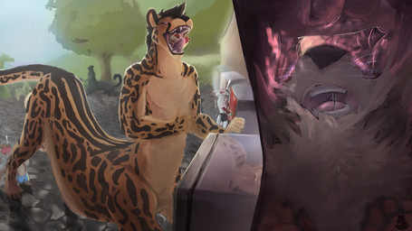 anthro balls blush clothed clothing cobblestone genitals group internal male nude oral_vore outside paws reflection topless vore nolow nolow_(character) otter_(oceanotter) spotter_(spottott) canid canine cheetah felid feline mammal mustelid otter taur 2022 absurd_res hi_res