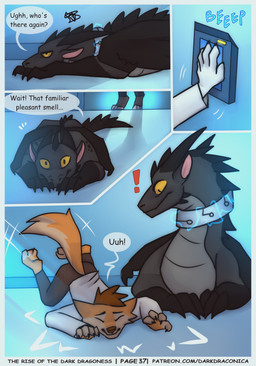 4_panel_comic anthro barefoot biped black_body bottomwear brown_body clothed clothing collar dialogue exclamation_point feet female feral fur group hair horn lying male motion_lines on_front orange_body orange_fur page_number pants quadruped scanner shadow shock_collar sound_effects speech_bubble tail text thrown title upset white_body wings darkdraconica european_mythology mythology patreon boss_(darkdraconica) darky_(darkdraconica) dave_(darkdraconica) steve_(darkdraconica) canid canine dragon fox mammal mythological_creature mythological_scalie scalie western_dragon 2023 absurd_res colored comic digital_drawing_(artwork) digital_media_(artwork) english_text hi_res multiple_scenes url