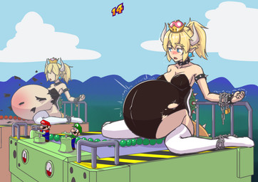 5_fingers armband belly big_belly blonde_hair blue_clothing blue_eyes blue_overalls blush bodily_fluids bound bracelet breasts chain chained clothed clothed_human clothed_male clothing collar crown ear_piercing eyebrows eyelashes female female_focus fingers fully_clothed fully_clothed_human fully_clothed_male green_clothing green_hat green_headwear green_shirt green_topwear group hair hat headgear headwear horn humanoid_pointy_ears inflation jewelry legwear looking_at_another male open_mouth outside overalls piercing pointy_ears ponytail red_clothing red_hat red_headwear red_shirt red_topwear shell shirt sitting spiked_armband spiked_bracelet spiked_collar spiked_shell spiked_tail spikes spikes_(anatomy) square_crossover standing super_crown tail tears teeth thick_eyebrows thigh_highs topwear torn_clothing colucolu bowsette_meme mario_bros mario_party_(series) mario_party_2 nintendo bowser luigi mario animal_humanoid human humanoid koopa_humanoid mammal scalie scalie_humanoid 2018 absurd_res colored digital_drawing_(artwork) digital_media_(artwork) hi_res meme brother_(lore) brothers_(lore) sibling_(lore) twins_(lore)