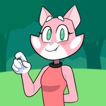 anthro blush claws clothing collar dress female forest fur green_eyes looking_at_viewer pink_body pink_fur plant simple_background solo spots tree white_spots hitsuji super_planet_dolan shima_luan domestic_cat felid feline felis mammal 1:1 colored_line_art