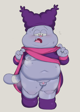 anthro balls belly blush bottomless bottomless_male clothed clothing clothing_lift flaccid fupa fur genitals hat headgear headwear male moobs navel nipples overweight penis purple_body purple_fur shirt shirt_lift small_penis solo topwear young young_anthro young_male goatedwitdapaws cartoon_network chowder_(series) chowder domestic_cat felid feline felis mammal hi_res