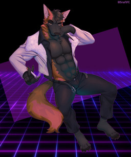 1980s_theme abs abstract_background anthro belt black_bottomwear black_clothing black_pants bottomwear brown_body brown_fur brown_hair bulge cigarette claws clothed clothing ear_piercing ear_ring eyes_mostly_closed feet finger_claws fingers front_view fur hair humanoid_feet humanoid_hands jacket looking_at_viewer male muscular muscular_anthro muscular_male narrowed_eyes open_clothing open_jacket open_topwear orange_body orange_eyes orange_fur pants pecs piercing plantigrade pose ring_piercing seductive short_hair smile smirk smoke smoking smoking_cigarette smug solo tail text toe_claws toes topwear white_clothing white_jacket white_topwear snaftfc canid canine fox mammal artist_name colored full-length_portrait hi_res portrait shaded