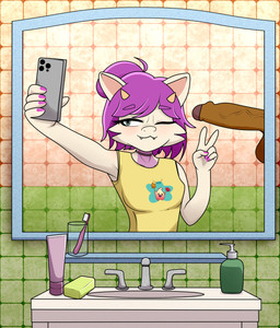 2_horns 5_fingers anthro balls bathroom big_penis blush bottle breasts brown_genitals brown_penis brush cellphone choker clothed clothing colored_fingernails colored_nails container cute_fangs detailed_background disembodied_penis duo electronics erection eyebrows eyelashes facial_tuft fangs female female_anthro fingernails fingers foreskin genitals gesture glans glass grey_eyes hair hair_bun hand_gesture holding_cellphone holding_object holding_phone horn humanoid_genitalia humanoid_penis imminent_oral imminent_sex inside jewelry looking_at_object looking_at_viewer male male/female mirror mirror_selfie nails necklace one_eye_closed partially_retracted_foreskin penis phone pink_nails purple_hair reflection scales selfie shirt sink small_breasts smartphone smile solo_focus taking_picture tan_body tank_top teeth tile tile_wall topwear tuft v_sign vein veiny_penis wall_(structure) white_body wink winking_at_viewer yellow_clothing yellow_horn yellow_shirt yellow_topwear young young_anthro celestebunny mario_bros mythology nintendo super_mario_galaxy tyna_the_kobold dragon kobold luma mythological_creature mythological_scalie scalie absurd_res detailed hi_res shaded