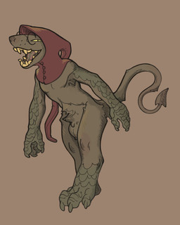 anthro balls claws clothing eyewear flaccid genitals glasses hat headgear headwear looking_at_viewer male manuscript_monster open_mouth penis pointed_tail simple_background solo standing teeth tongue xenopera monster 4:5 hi_res