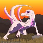ambiguous_gender anthro dusk grass mountain plant raised_leg raised_tail solo sunset tail kerilyn nintendo pokemon generation_7_pokemon pokemon_(species) salazzle 2021 hi_res watermark trans_(lore) trans_woman_(lore)