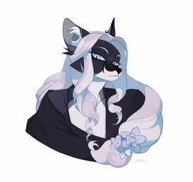 anthro black_body black_clothing black_fur black_nose black_topwear blue_eyes cheek_tuft clothed clothing facial_tuft female female_anthro front_view fur grey_hair hair inner_ear_fluff long_hair looking_at_viewer mouth_closed narrowed_eyes solo topwear tuft white_body white_fur white_inner_ear_fluff unknowhiter canid canine mammal 2025 bust_portrait dated hi_res portrait signature