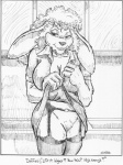 1999 big_breasts breasts clothed clothing english_text female flashing garter_belt garter_straps genitals greyscale kitchen lagomorph legwear leporid long_ears mammal monochrome oscar_marcus partially_clothed pussy rabbit solo stockings text