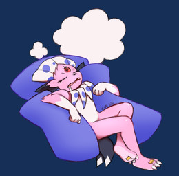 ambiguous_gender anthro claws countershade_feet countershading digit_ring dream feathers feet fur jewelry paws pillow pink_body pink_fur purple_eyes ring sleeping soles solo tail toe_ring toes zyhe nintendo pokemon fan_character kerolink generation_4_pokemon pokemon_(species) weavile alpha_channel digital_media_(artwork) full-length_portrait portrait