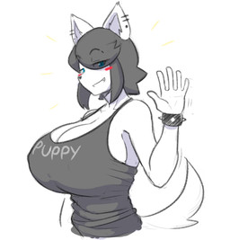 anthro big_breasts black_hair blue_eyes bracelet breasts cleavage clothed clothing ear_piercing female hair hair_over_eye huge_breasts jewelry looking_at_viewer nipple_outline one_eye_obstructed piercing shirt short_hair smile solo studded_bracelet studded_jewelry studs tank_top text text_on_clothing text_on_shirt text_on_tank_top text_on_topwear topwear translucent translucent_hair theycallhimcake maggie_applebee canid canine canis domestic_dog mammal 2018 english_text hi_res
