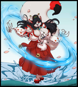 accessory anthro asian_clothing bell big_breasts black_hair breasts clothed clothing duo female fire footwear fur hair hair_accessory huge_breasts magic male melee_weapon object_in_mouth petals size_difference smaller_male sword water weapon weapon_in_mouth white_body white_fur white_hair yellow_eyes deonwolf akiyo_yukinari deon_(deonwolf) canid canine canis fox mammal wolf 2019 digital_media_(artwork) hi_res