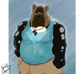 anthro belly black_coded black_nose brown_body brown_eyes brown_fur fur hair jewelry looking_at_viewer male multicolored_body multicolored_fur necklace nipples overweight overweight_anthro overweight_male raining simple_background slightly_chubby solo spots standing wet wet_body wet_fur fatdoodlewuff darius_davis african_wild_dog canid canine mammal absurd_res digital_media_(artwork) hi_res