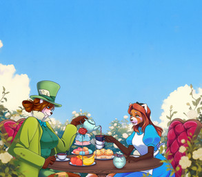 anthro beverage clothed clothing cosplay curvy_figure duo female female/female flower fur garden hair multicolored_body multicolored_fur multicolored_hair outside plant rose_(flower) size_difference skinny_female sky sweets chrysanthemummy nesteaisnasty teaparty alice_in_wonderland blizzard_entertainment disney fairy_tales warcraft huan_honeybrew ailurid bear mammal pandaren red_panda hi_res