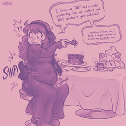 accessory ambiguous_gender anthro breasts cake clothing cutlery dessert duo eating female feral food footwear fork furniture headband kitchen_utensils plate shoes slightly_chubby stool surprised tearing_clothing text tools torn_clothing weight_gain keffotin nintendo pokemon alcremie generation_8_pokemon human mammal pokemon_(species) 1:1 2021 english_text hi_res