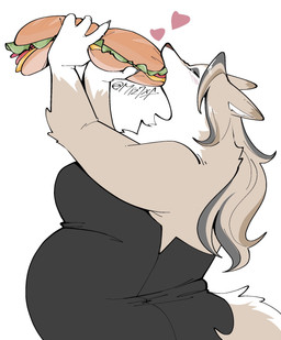anthro belly breasts clothed clothing colored_nails dress eating eyes_closed eyeshadow female food fur grey_hair hair heart_symbol holding_food holding_object holding_sandwich kemono long_hair makeup nails obese overweight overweight_anthro overweight_female sandwich_(food) simple_background solo submarine_sandwich tail tan_body tan_fur tan_hair white_background white_body white_fur mochimochiland meg_(suda) canid canine mammal hi_res signature
