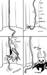 2_horns 4_panel_comic black_body black_eyes black_text climbing cloak clothing descending dialogue ellipsis exclamation_point horn male motion_lines on_ground open_mouth rope solo sound_effects text weapon_on_back white_head skeletorskeletonized hollow_knight team_cherry zote_(hollow_knight) arthropod 2020 5:8 comic digital_media_(artwork) english_text first_page hi_res monochrome