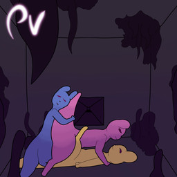 ambiguous_penetration anthro blue_body eyes_closed female feral fur group male nude open_mouth penetration pink_body purple_body semi-anthro shelter simple_background smile tail trio yellow_body passey_voppy rain_world videocult canid mammal slugcat 1:1 absurd_res digital_media_(artwork) hi_res