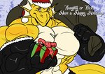 5_fingers anthro armwear bag big_muscles big_pecs christmas_clothing christmas_headwear clothed clothing countershading elbow_gloves fingers gift gloves handwear hat headgear headwear holding_object holidays huge_muscles hyper hyper_muscles looking_at_viewer male muscular muscular_anthro muscular_male pecs santa_hat smile solo text topless white_body white_countershading fierglief christmas european_mythology mythology dragon mythological_creature mythological_scalie scalie western_dragon 2018 english_text hi_res