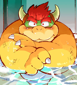 2_horns anthro bath bathing biceps blush bodily_fluids claws hair horn inside male overweight overweight_anthro overweight_male red_eyes red_hair solo sweat water wet garouzuki mario_bros nintendo bowser koopa scalie
