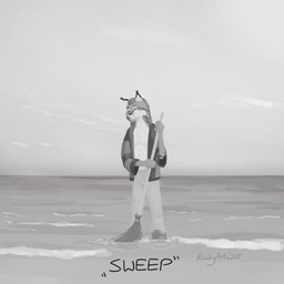 anthro bare_chest beach body_of_water bottomwear clothing countershade_face countershade_torso countershading ear_tuft hair long_hair looking_down male pants sea solo standing sweater sweatpants sweeping topwear tuft water wet ricky_arts felid feline humanoid lynx mammal 2025 lineless monochrome