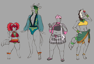 anthro bikini bikini_skirt bikini_top black_hair blue_hair bottomwear breasts brown_hair clothed clothed_anthro clothed_female clothed_gynomorph clothed_human clothing female flip_flops footwear fur group gynomorph hair horn intersex multicolored_hair navel red_hair sandals sarong shoes shorts standing swimwear tail two-piece_swimsuit two_tone_hair white_hair zendrid khepra_(zendrid) odessa_(zendrid) ragnith_(zendrid) xochitl_(zendrid) antelope bovid canid canine canis coyote human mammal raccoon_dog tanuki absurd_res hi_res