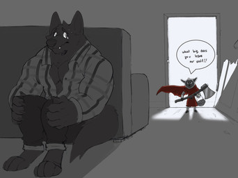 ambiguous_gender anthro axe bodily_fluids cloak clothing creepy duo furniture hiding humor lamp male melee_weapon muscular muscular_anthro muscular_male nervous nervous_sweat pointy_ears prick_ears red_cloak red_clothing role_reversal scared size_difference sofa sweat tears text weapon decker_the_wolf fairy_tales little_red_riding_hood_(copyright) big_bad_wolf little_red_riding_hood bovid canid canine canis caprine mammal sheep wolf english_text hi_res