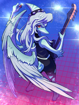 abstract_background alternative_fashion amber_eyes anthro bass_guitar black_clothing black_legwear black_shirt black_topwear bone_frill boots bottomwear clothed clothing denim denim_bottomwear denim_clothing feathered_wings feathers female footwear frill_(anatomy) goth grey_hair guitar guitar_pick hair high-angle_view holding_guitar holding_musical_instrument holding_object jeans kemono legwear long_hair looking_at_viewer looking_back musical_instrument orange_eyes pants plucked_string_instrument raised_arm rear_view shirt shoes smile snout solo spikes string_instrument thin_calves thin_legs thin_thighs tomboy topwear torn_bottomwear torn_clothing torn_jeans torn_legwear torn_pants wings oakley_billions cavemanon_studios goodbye_volcano_high ko_op_(game_developer) snoot_game fang_(gvh) prehistoric_species pterosaur reptile scalie digital_media_(artwork) hi_res icon nonbinary_(lore)