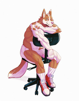 anthro athletic athletic_anthro athletic_male chair clothing footwear footwear_only foreskin fur furniture genitals humanoid_genitalia kemono looking_at_viewer male mostly_nude multicolored_body multicolored_fur nude nude_anthro nude_male office_chair penis pink_nose pointy_ears shoes shoes_only sneakers sneakers_only socks solo tan_body tan_fur two_tone_body two_tone_fur white_body white_fur peapeafur canid canine canis domestic_dog mammal absurd_res hi_res