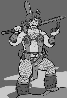 anthro armor belt body_hair boots bottomwear chest_hair clothing compass erection fantasy fishnet_clothing fishnet_legwear footwear freckles genitals hair leggings legwear loincloth longsword male melee_weapon missing_ear navel notched_ear penis pose scut_tail shaggy_hair shoes short_tail solo standing sword tail teeth vein veiny_penis warrior weapon wittless-pilgrim big_bun_burgers dale_(ponehanon) lagomorph leporid mammal rabbit digital_drawing_(artwork) digital_media_(artwork) greyscale monochrome signature