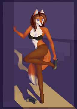anthro bra breasts brown_hair clothed clothing dark detailed_background female footwear hair high_heels legwear looking_aside pantyhose partially_clothed purple_eyes shoes slim solo surprised underwear evgheshkafx margarita_(evgheshkafx) canid canine fox mammal absurd_res hi_res