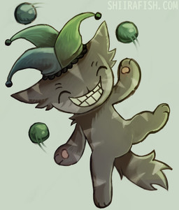 ball brown_body brown_fur clothing eyes_closed feral fool's_hat fur hat headgear headwear jester juggling male multicolored_body multicolored_fur paws smile solo standing toothy_grin conditional_dnp shiirafish mewgenics arthur_(mewgenics) domestic_cat felid feline felis mammal