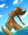 anthro arched_back bikini bikini_bottom bikini_top blue_sky bottomwear breasts brown_body brown_claws brown_ears brown_fur brown_hair brown_nose brown_tail butt claws clothed clothing cloud countershading detailed_background extended_arms eyebrow_through_hair eyebrows eyes_closed female fur furgonomics hair happy head_back legs_in_water long_hair looking_up low-angle_view membrane_(anatomy) multicolored_body multicolored_fur outside partially_submerged pink_bikini pink_bottomwear pink_clothing pink_swimwear pink_topwear rear_view sea seascape side_boob sky smile solo spread_legs spreading standing submerged_legs submerged_tail swimwear tail tail_in_water tail_out_of_water tan_body tan_ears tan_fur thick_tail topwear translucent translucent_hair two-piece_swimsuit two_tone_body two_tone_fur water webbed_hands wet_hair wide_hips wide_stance littlenapoleon mammal mustelid otter 2016 digital_media_(artwork) hi_res