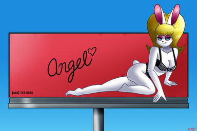 5_fingers anthro bedroom_eyes big_breasts bikini billboard blonde_hair breasts cleavage clothed clothing ears_outwards eyelashes eyeshadow feet female fingers fur hair humanoid_feet long_hair makeup narrowed_eyes phone_number photo pink_nose pivoted_ears plantigrade pose red_background seductive sequin_bikini short_tail simple_background solo swimwear tail text text_with_heart two-piece_swimsuit white_body white_fur superskullz angel_lap lagomorph leporid mammal rabbit 3:2 character_name hi_res pinup shaded soft_shading male_(lore)