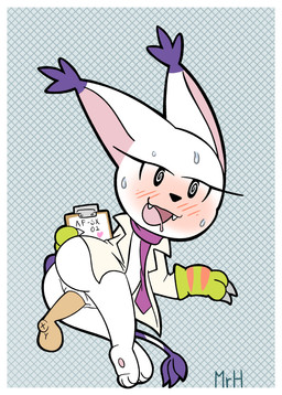 accessory anthro aroused aroused_smile blush bodily_fluids border claws clothed clothing coat disembodied_penis duo eyelashes female fur genitals gloves handwear lab_coat looking_at_viewer male male/female open_mouth penetration penis sex smile sweat tail teeth topwear vaginal vaginal_penetration vulva white_body white_border white_fur mr_harinezumi bandai_namco digimon bianc_(el_senor_erizo) digimon_(species) felid gatomon human mammal absurd_res hi_res