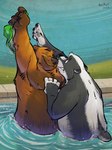 anthro belly black_body black_fur black_nose brown_body brown_fur clothing detailed_background duo fur green_eyes humanoid_hands male overweight overweight_male swimming_pool swimwear white_body white_fur k-9 badger bear mammal mustelid musteline 2022 hi_res