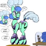 1:1 2021 absurd_res bdsm bedroom_eyes blue_eyes blue_hair blush body_control bondage bound choker clothed clothing crossdressing curled_hair cutie_mark digital_drawing_(artwork) digital_media_(artwork) earth_pony en_pointe english_text equid equine eyeshadow feathers feral figurine forced_smile friendship_is_magic furniture green_body hair halter hasbro hi_res horse jewelry makeup male mammal my_little_pony naivintage narrowed_eyes necklace plume pony purple_eyeshadow quadruped seductive sequins showgirl smile solo spearmint_(character) speech_bubble struggling stuck table tack text thought_bubble transfix_panel transfixation trapped voodoo voodoo_doll