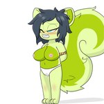 anthro big_breasts black_hair blue_eyes blush bodily_fluids breasts clothing female fur green_body green_fur hair nipples panties rope solo tail underwear white_clothing white_panties white_underwear young young_anthro young_female milkis2000 mammal rodent sciurid tree_squirrel 1:1