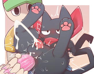 3_toes 5_fingers abdominal_bulge ambiguous_gender ambiguous_human anal anal_penetration anus balls bestiality black_balls black_body black_eyes black_fur black_tail blush blush_lines bodily_fluids border clothed clothed_ambiguous clothed_feral clothed_human clothing cum cum_while_penetrated cumshot dildo dildo_in_ass dildo_insertion duo ejaculation erection feet feral fingers fur genital_fluids genitals green_clothing green_hat green_headwear handpaw hands-free hat headgear headwear hindpaw human_on_feral interspecies legs_up male male/ambiguous male_feral male_on_human male_penetrated micropenis motion_lines object_in_ass outside_border pawpads paws penetration penis penis_backwards pink_background pink_dildo pink_pawpads pink_penis pointy_ears prick_ears quadruped red_scarf scarf sex sex_toy sex_toy_in_ass sex_toy_insertion shaking shirt simple_background size_difference small_balls small_penis sweat tail tapering_penis toes topwear toying_partner tremble_spikes trembling white_border yellow_clothing yellow_shirt yellow_topwear anut_oruk nichijou sakamoto_(nichijou) domestic_cat felid feline felis human mammal 2026 digital_media_(artwork) hi_res